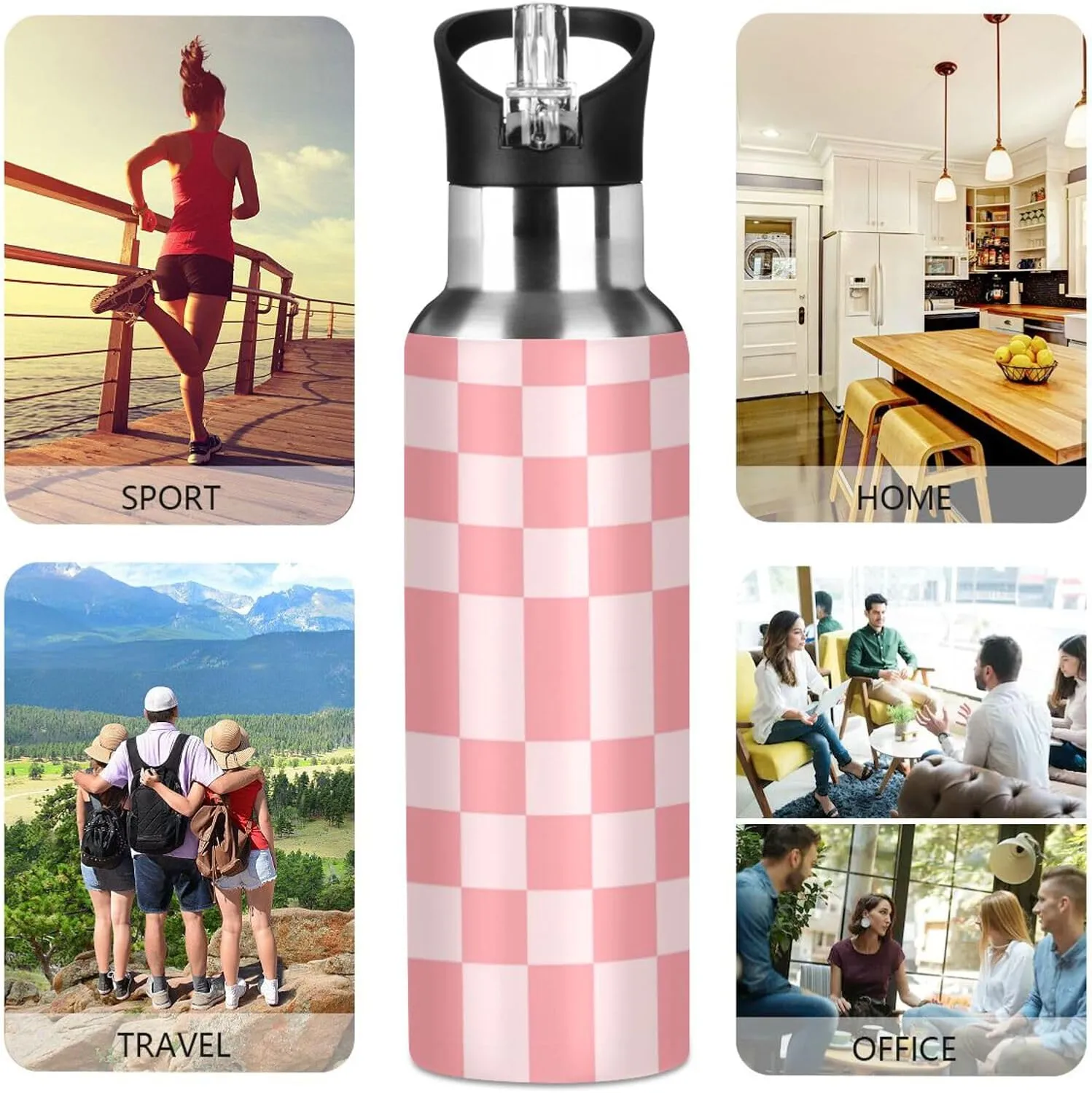 Wusikd Bright Pink Chess Water Bottle with Straw Lid Double Wall Thermos Bottle Vacuum Insulated Flask Stainless Steel Water Bottle for Gym Outdoor 20 OZ