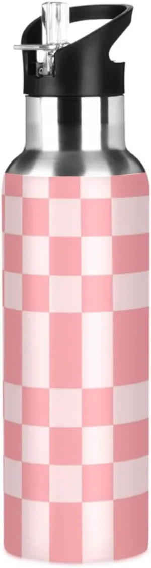 Wusikd Bright Pink Chess Water Bottle with Straw Lid Double Wall Thermos Bottle Vacuum Insulated Flask Stainless Steel Water Bottle for Gym Outdoor 20 OZ