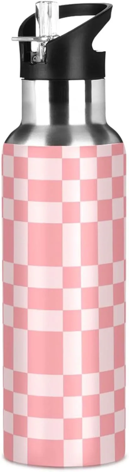 Wusikd Bright Pink Chess Water Bottle with Straw Lid Double Wall Thermos Bottle Vacuum Insulated Flask Stainless Steel Water Bottle for Gym Outdoor 20 OZ