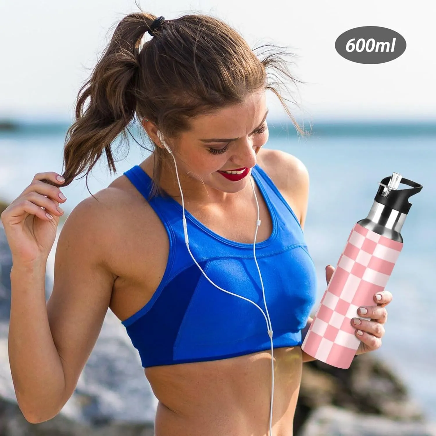Wusikd Bright Pink Chess Water Bottle with Straw Lid Double Wall Thermos Bottle Vacuum Insulated Flask Stainless Steel Water Bottle for Gym Outdoor 20 OZ