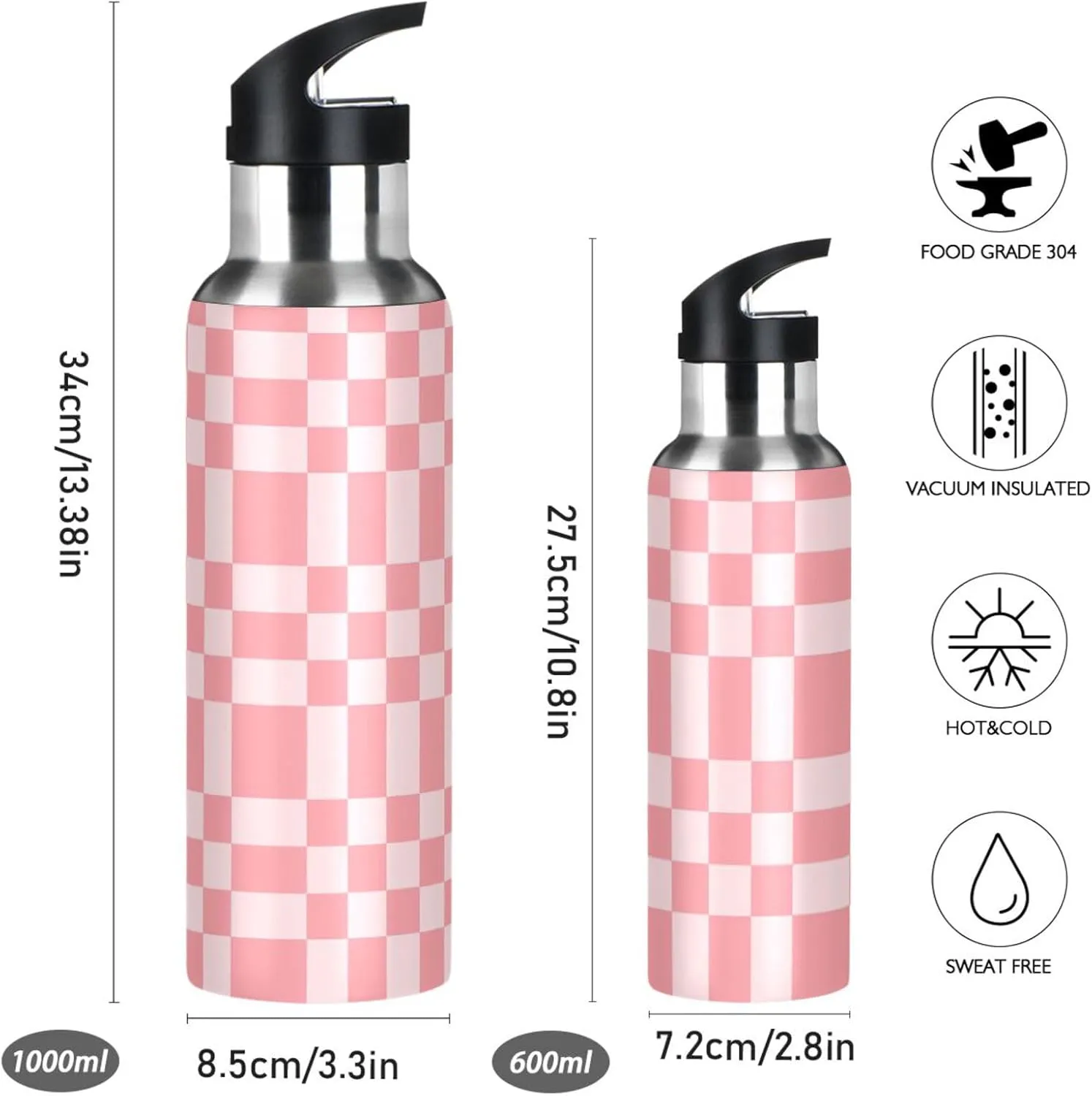 Wusikd Bright Pink Chess Water Bottle with Straw Lid Double Wall Thermos Bottle Vacuum Insulated Flask Stainless Steel Water Bottle for Gym Outdoor 20 OZ