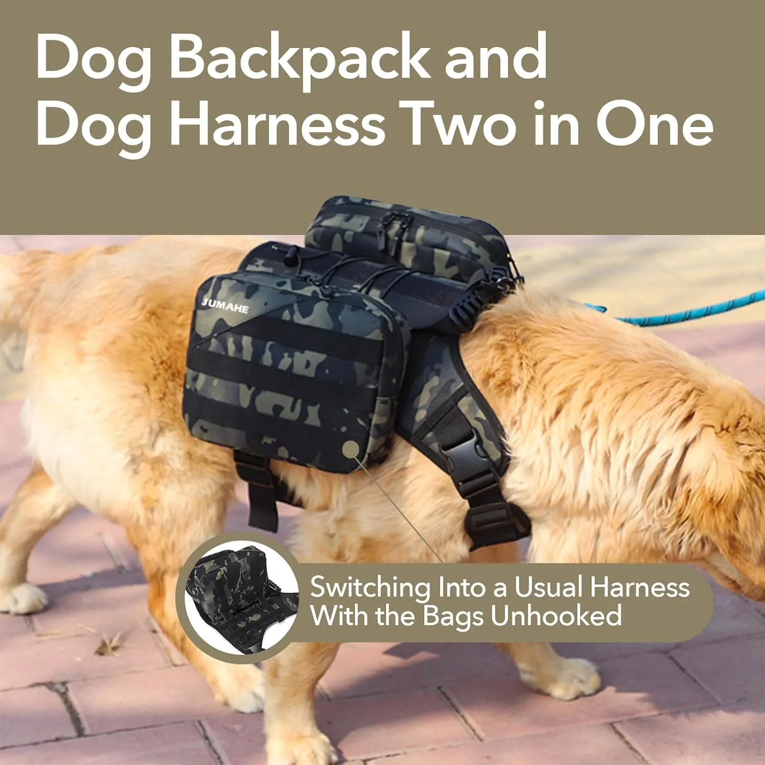 x Jumahe Dog Hiking Backpack, for Large - Giant Dogs, Dog Hiking Back Pack, 5 Adjustable Buckles, Large Capacity 2 Spacious Side Bags, Breathable Waterproof Fabric (Camo)