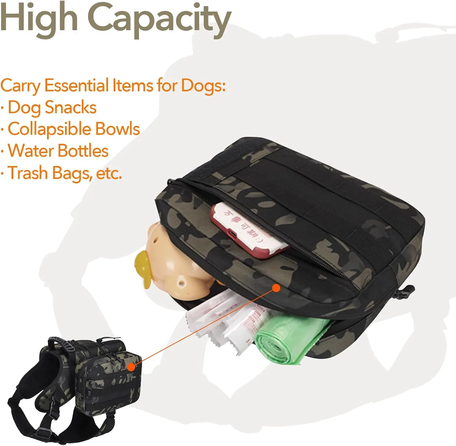 x Jumahe Dog Hiking Backpack, for Large - Giant Dogs, Dog Hiking Back Pack, 5 Adjustable Buckles, Large Capacity 2 Spacious Side Bags, Breathable Waterproof Fabric (Camo)