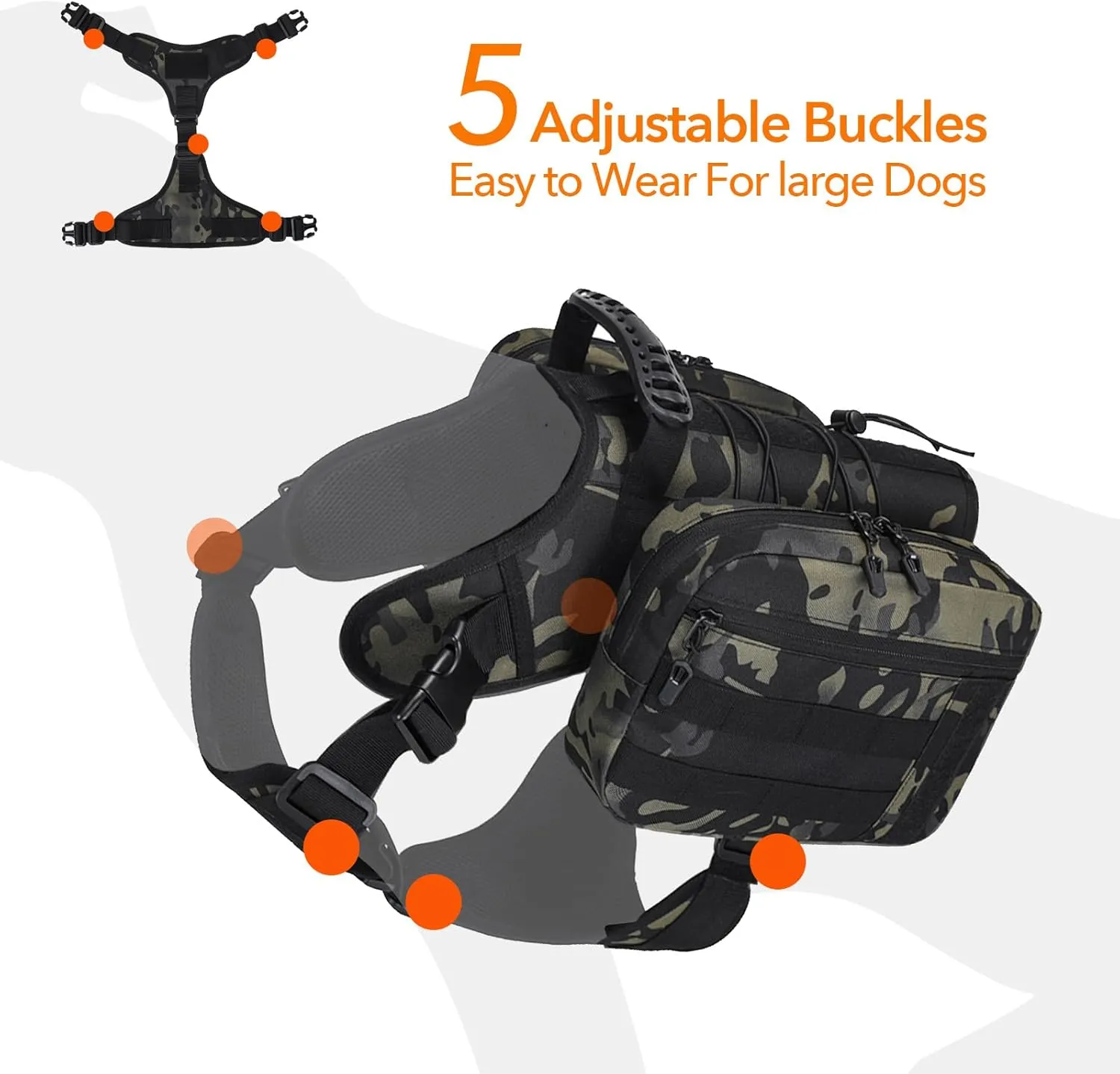x Jumahe Dog Hiking Backpack, for Large - Giant Dogs, Dog Hiking Back Pack, 5 Adjustable Buckles, Large Capacity 2 Spacious Side Bags, Breathable Waterproof Fabric (Camo)