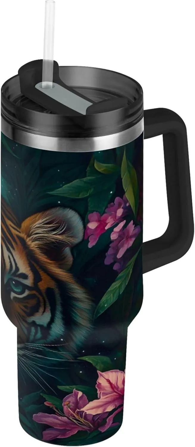 xigua 40 oz Beautiful Tiger Tumbler with Handle and Straw Lid, Stainless Steel Vacuum Insulated Sports Water Bottle, Keeps Cold or Hot Coffee Cup Travel Mug
