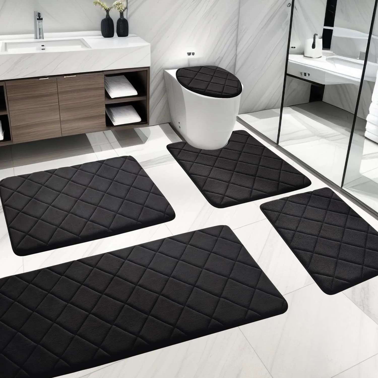 YIHOUSE Bathroom Rug Set 5 Piece, Soft Non Slip Memory Foam Bathroom Rugs, Machine Wash Bathroom Mat Set, Water Absorbent Bath Rugs for Toilet and Floor (Black)