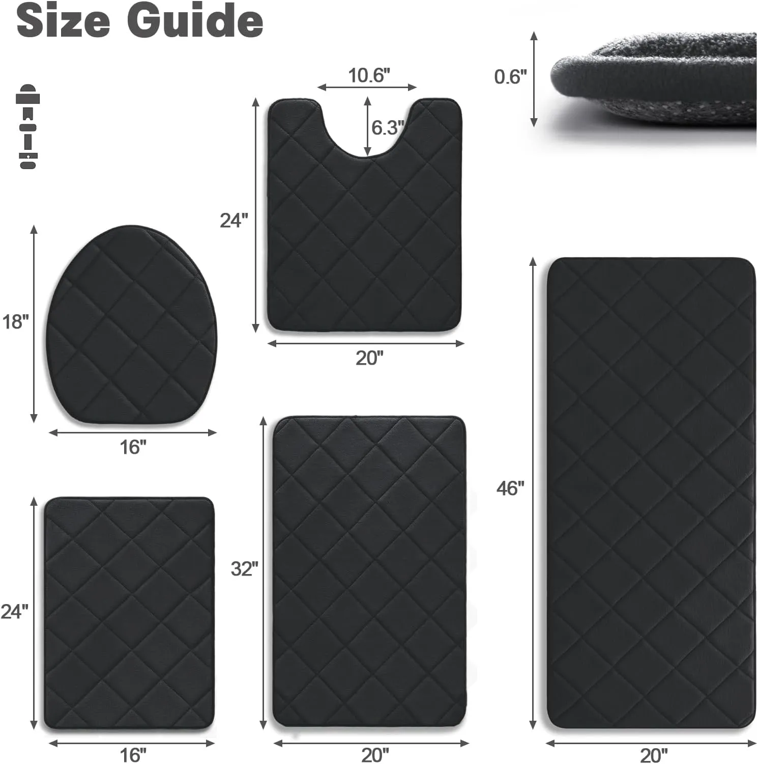 YIHOUSE Bathroom Rug Set 5 Piece, Soft Non Slip Memory Foam Bathroom Rugs, Machine Wash Bathroom Mat Set, Water Absorbent Bath Rugs for Toilet and Floor (Black)