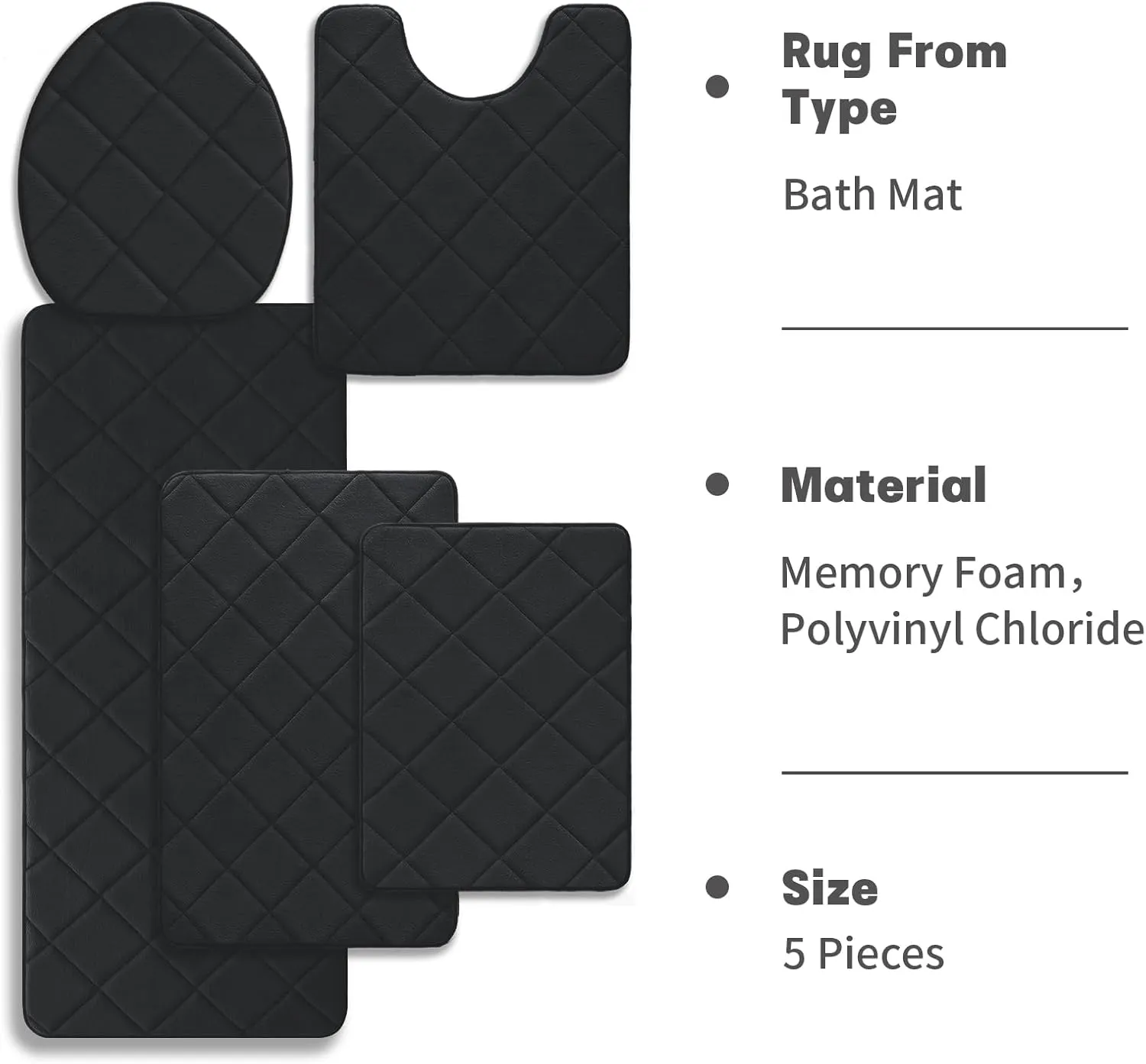 YIHOUSE Bathroom Rug Set 5 Piece, Soft Non Slip Memory Foam Bathroom Rugs, Machine Wash Bathroom Mat Set, Water Absorbent Bath Rugs for Toilet and Floor (Black)