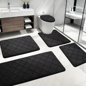 YIHOUSE Bathroom Rug Set 5 Piece, Soft Non Slip Memory Foam Bathroom Rugs, Machine Wash Bathroom Mat Set, Water Absorbent Bath Rugs for Toilet and Floor (Black)