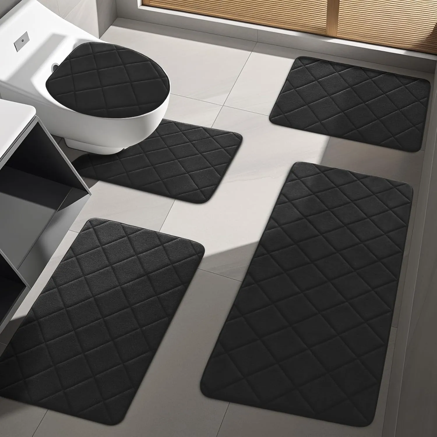 YIHOUSE Bathroom Rug Set 5 Piece, Soft Non Slip Memory Foam Bathroom Rugs, Machine Wash Bathroom Mat Set, Water Absorbent Bath Rugs for Toilet and Floor (Black)