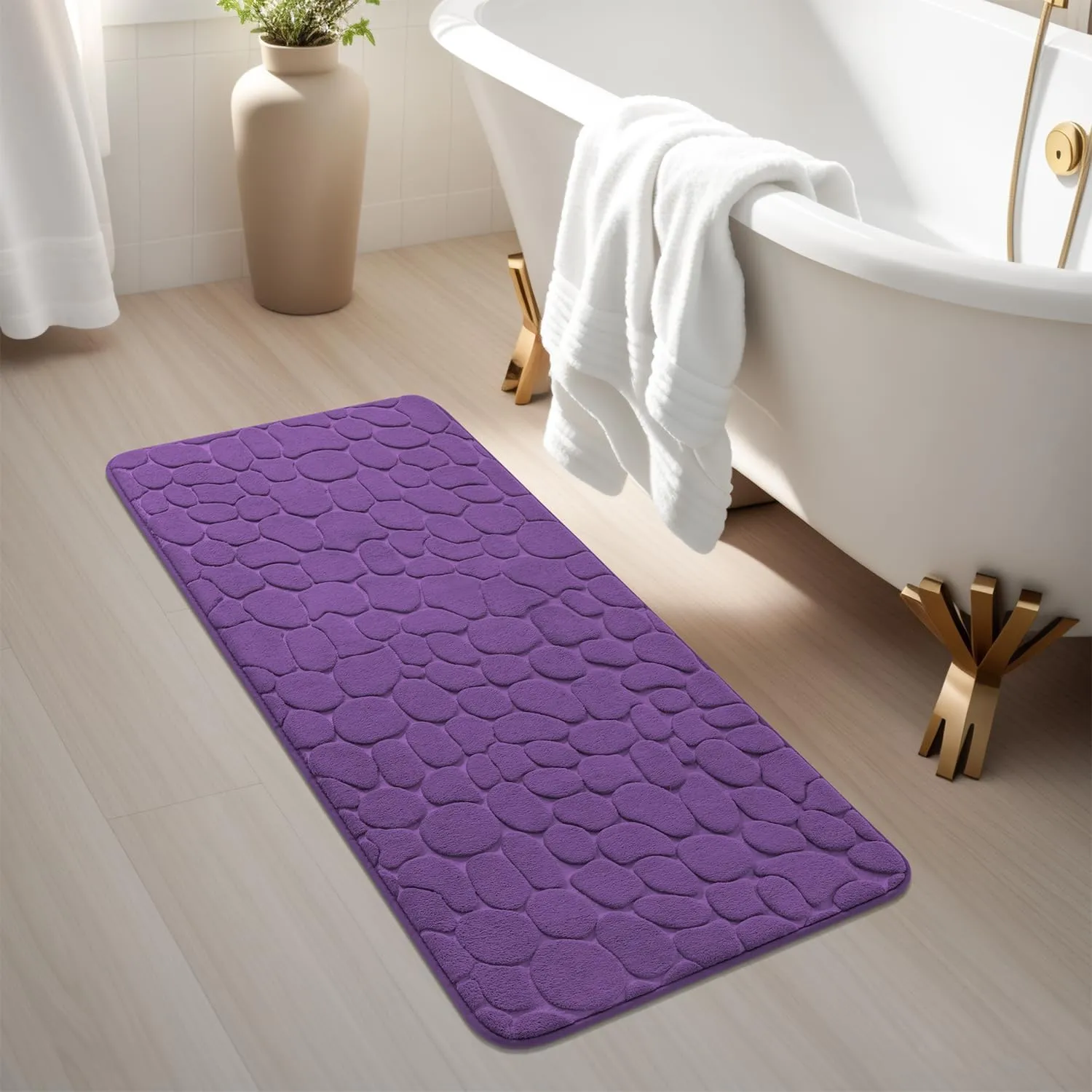 YIHOUSE Memory Foam Runner Rug, Cobblestone Bathroom Runner Rugs Super Water Absorbent Bath Mats for Bathroom Machine Washable Bath Rugs Runner for Hallway Bedroom Laundry Room(20 x 47,Eggplant)