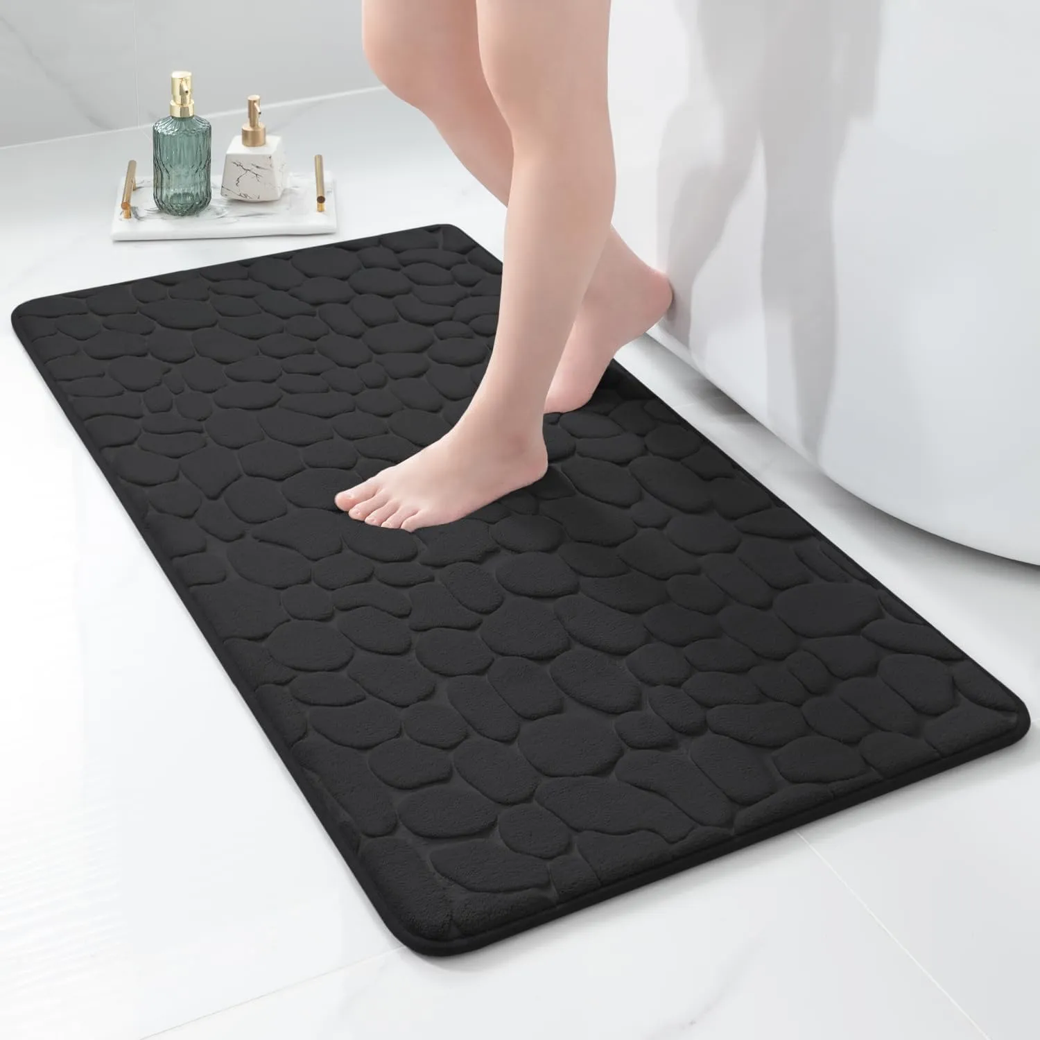 YIHOUSE Memory Foam Runner Rug, Cobblestone Bathroom Runner Rugs Super Water Absorbent Bath Mats for Bathroom Machine Washable Bath Rugs Runner for Hallway Bedroom Laundry Room(24 x 47,Black)