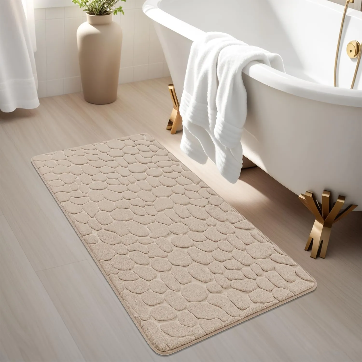 YIHOUSE Memory Foam Runner Rug, Cobblestone Bathroom Runner Rugs Super Water Absorbent Bath Mats for Bathroom Machine Washable Bath Rugs Runner for Hallway Bedroom Laundry Room(24 x47,Khaki)