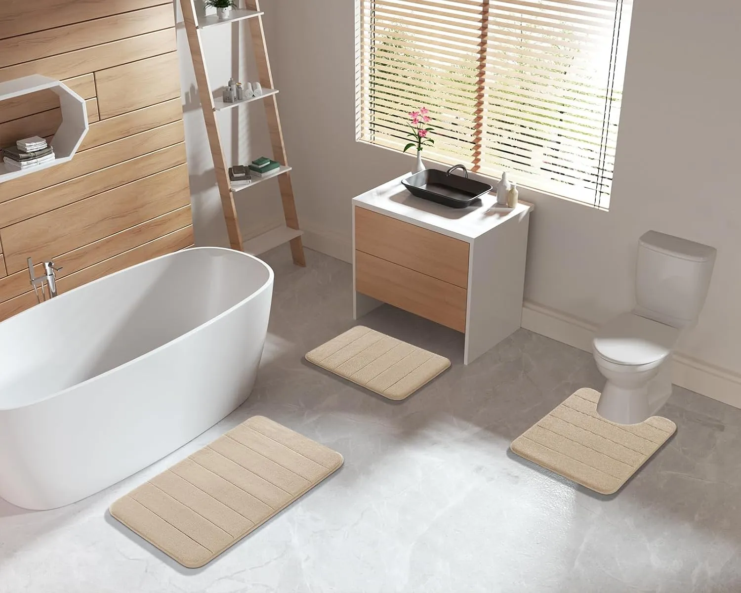 Yimobra Bathroom Rugs Sets 2 Piece, Soft Absorbent Memory Foam Bath Mats Set, Dry Fast Bath Mat, Machine Washable Bath Rug Set for Bathroom, 17x24 31.5x19.8 Inches, Beige