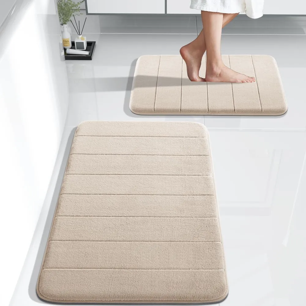 Yimobra Bathroom Rugs Sets 2 Piece, Soft Absorbent Memory Foam Bath Mats Set, Dry Fast Bath Mat, Machine Washable Bath Rug Set for Bathroom, 17x24 31.5x19.8 Inches, Beige
