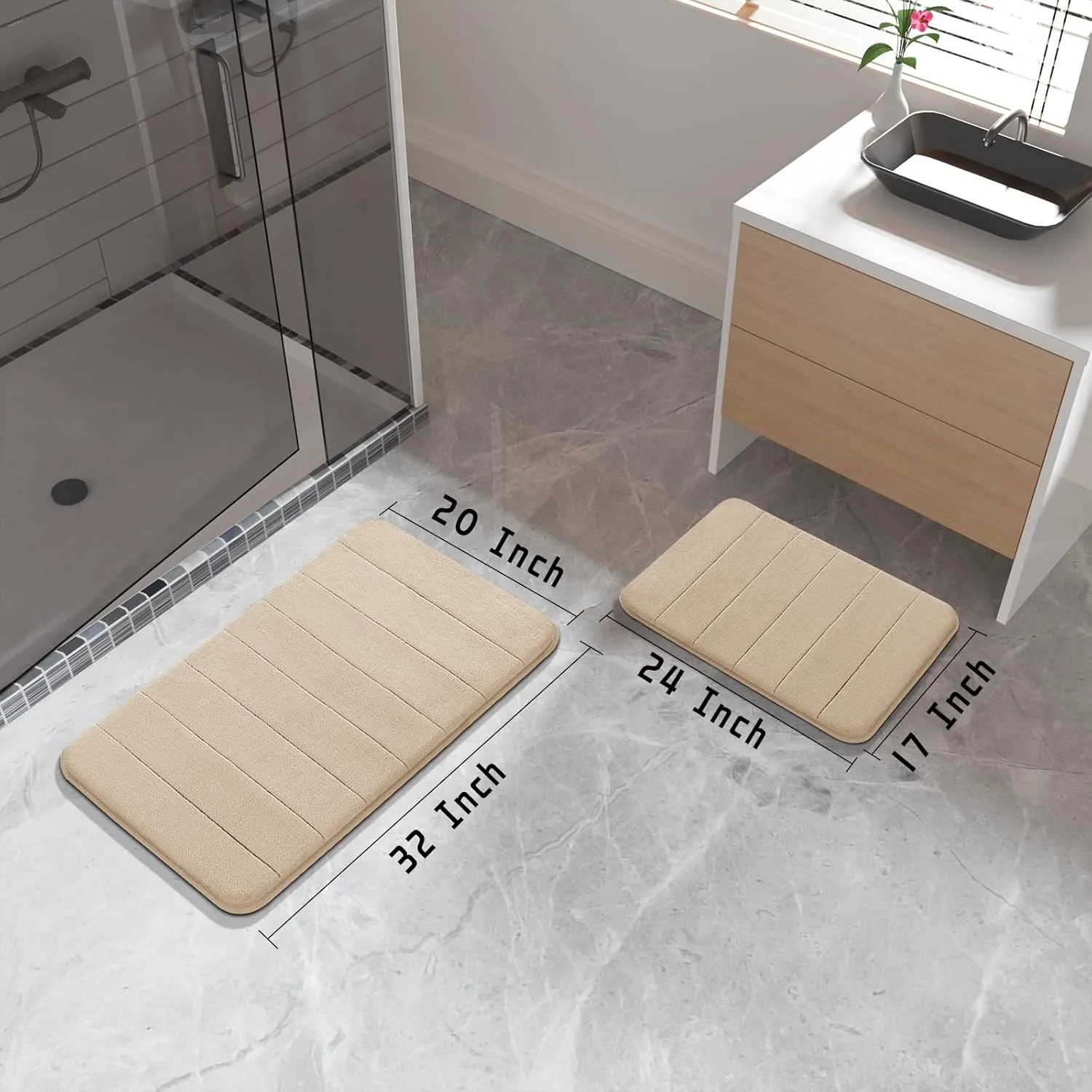Yimobra Bathroom Rugs Sets 2 Piece, Soft Absorbent Memory Foam Bath Mats Set, Dry Fast Bath Mat, Machine Washable Bath Rug Set for Bathroom, 17x24 31.5x19.8 Inches, Beige
