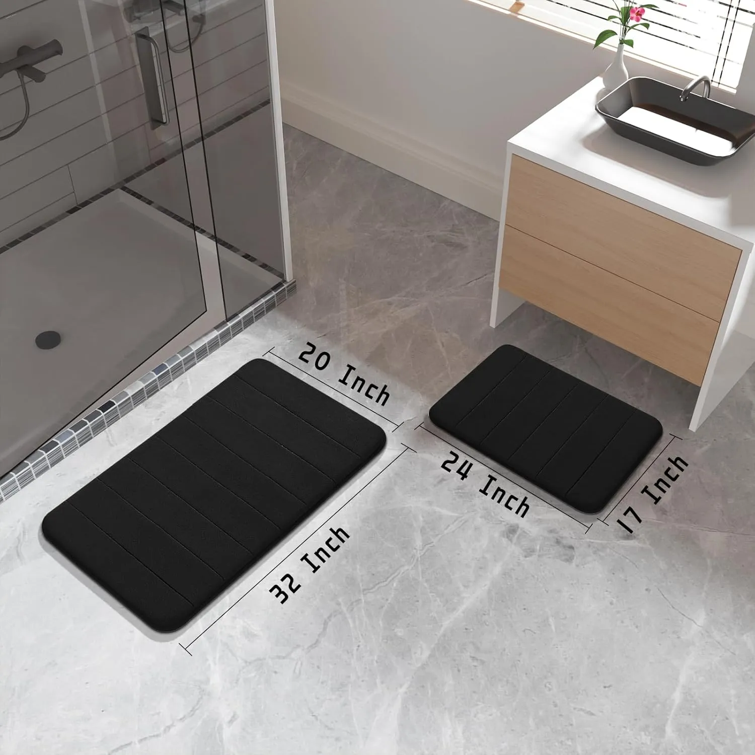 Yimobra Bathroom Rugs Sets 2 Piece, Soft Absorbent Memory Foam Bath Mats Set, Dry Fast Bath Mat, Machine Washable Bath Rug Set for Bathroom, 17x24 31.5x19.8 Inches, Black