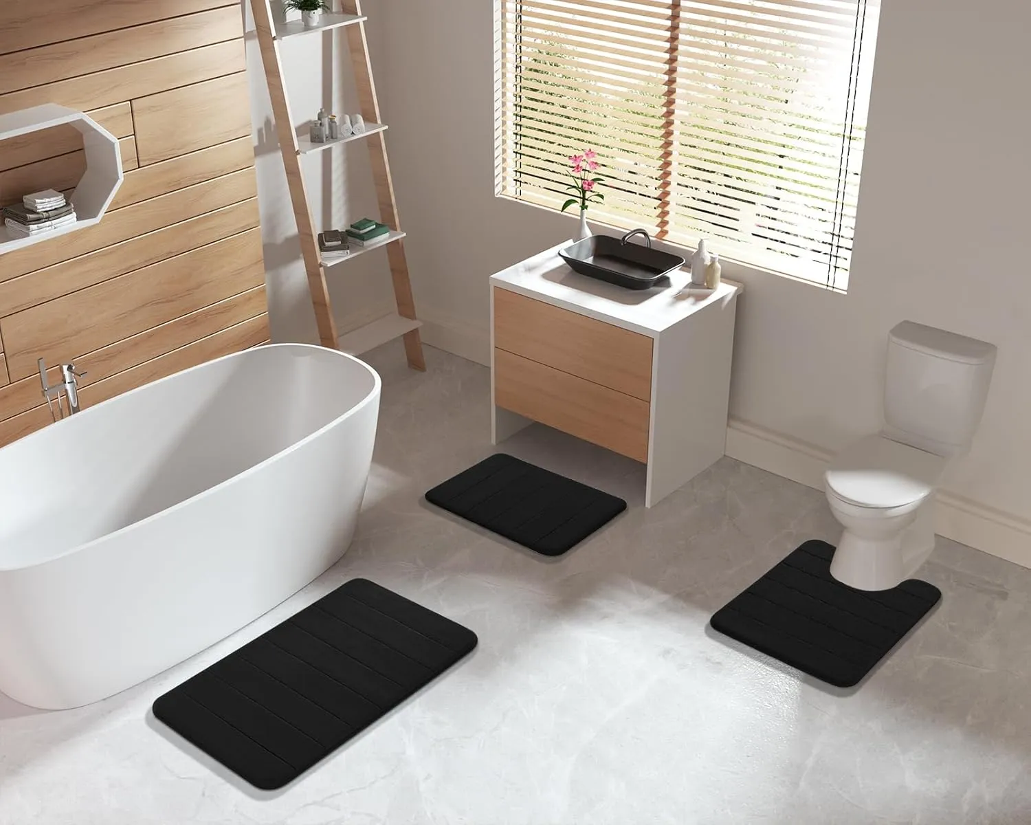 Yimobra Bathroom Rugs Sets 2 Piece, Soft Absorbent Memory Foam Bath Mats Set, Dry Fast Bath Mat, Machine Washable Bath Rug Set for Bathroom, 17x24 31.5x19.8 Inches, Black