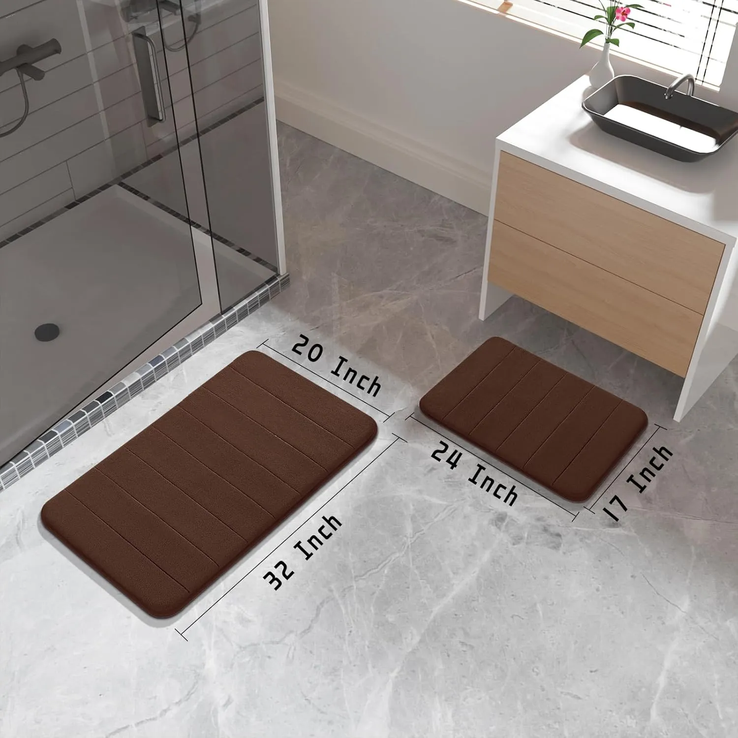 Yimobra Bathroom Rugs Sets 2 Piece, Soft Absorbent Memory Foam Bath Mats Set, Dry Fast Bath Mat, Machine Washable Bath Rug Set for Bathroom, 17x24 31.5x19.8 Inches, Brown