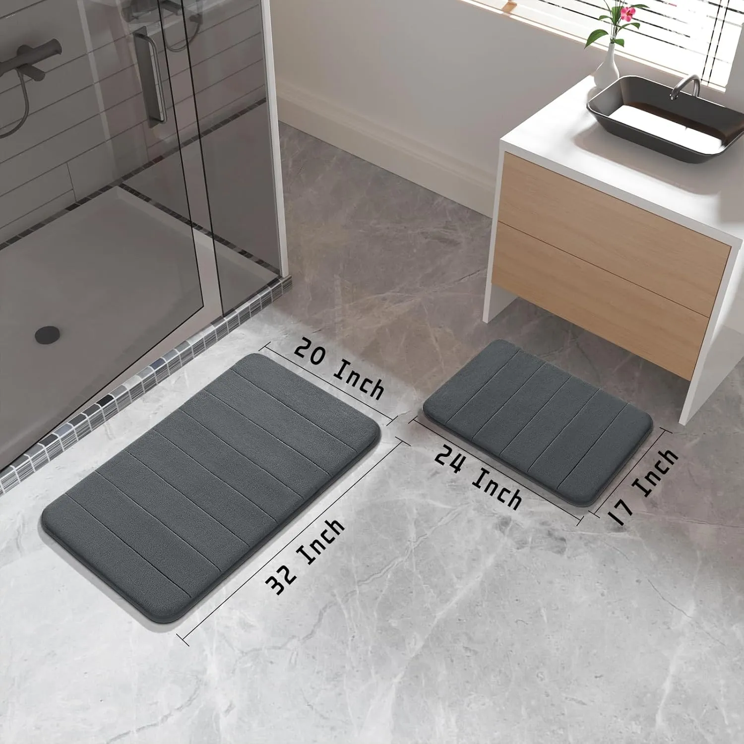 Yimobra Bathroom Rugs Sets 2 Piece, Soft Absorbent Memory Foam Bath Mats Set, Dry Fast Bath Mat, Machine Washable Bath Rug Set for Bathroom, 17x24 31.5x19.8 Inches, Dark Gray
