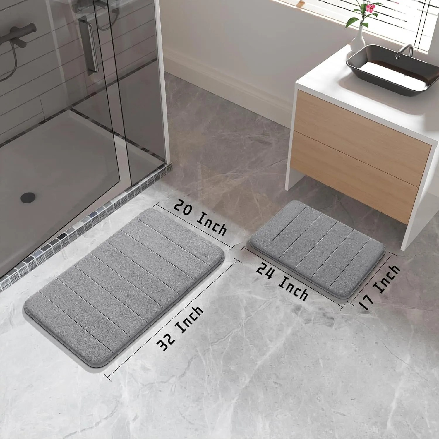 Yimobra Bathroom Rugs Sets 2 Piece, Soft Absorbent Memory Foam Bath Mats Set, Dry Fast Bath Mat, Machine Washable Bath Rug Set for Bathroom, 17x24 31.5x19.8 Inches, Gray