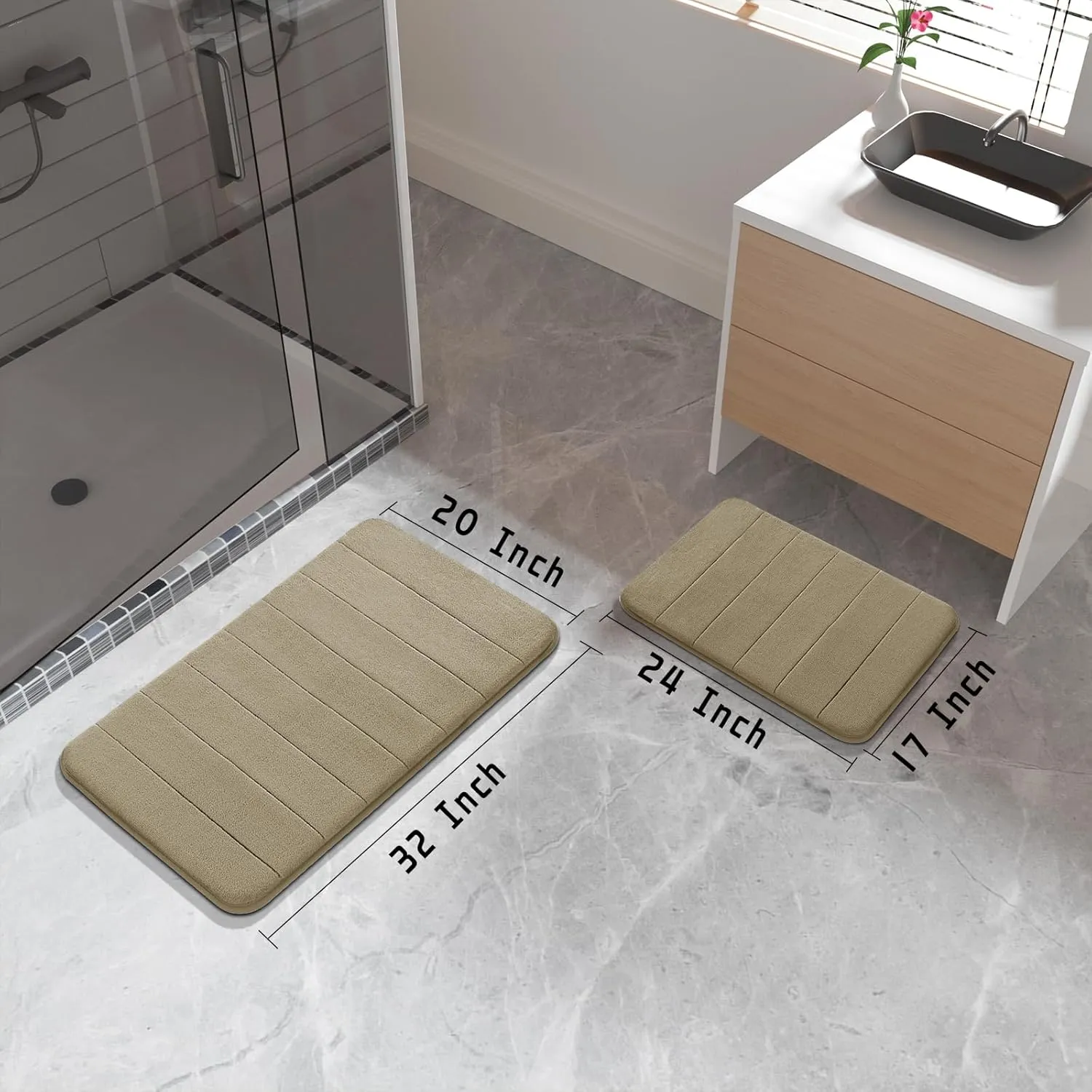 Yimobra Bathroom Rugs Sets 2 Piece, Soft Absorbent Memory Foam Bath Mats Set, Dry Fast Bath Mat, Machine Washable Bath Rug Set for Bathroom, 17x24 31.5x19.8 Inches, Pale Khaki