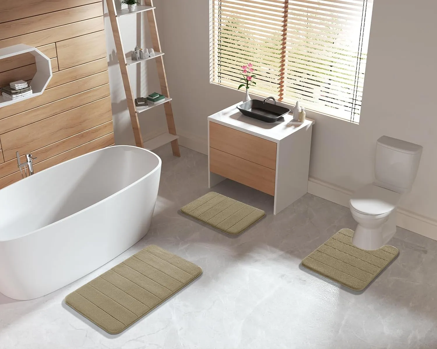 Yimobra Bathroom Rugs Sets 2 Piece, Soft Absorbent Memory Foam Bath Mats Set, Dry Fast Bath Mat, Machine Washable Bath Rug Set for Bathroom, 17x24 31.5x19.8 Inches, Pale Khaki