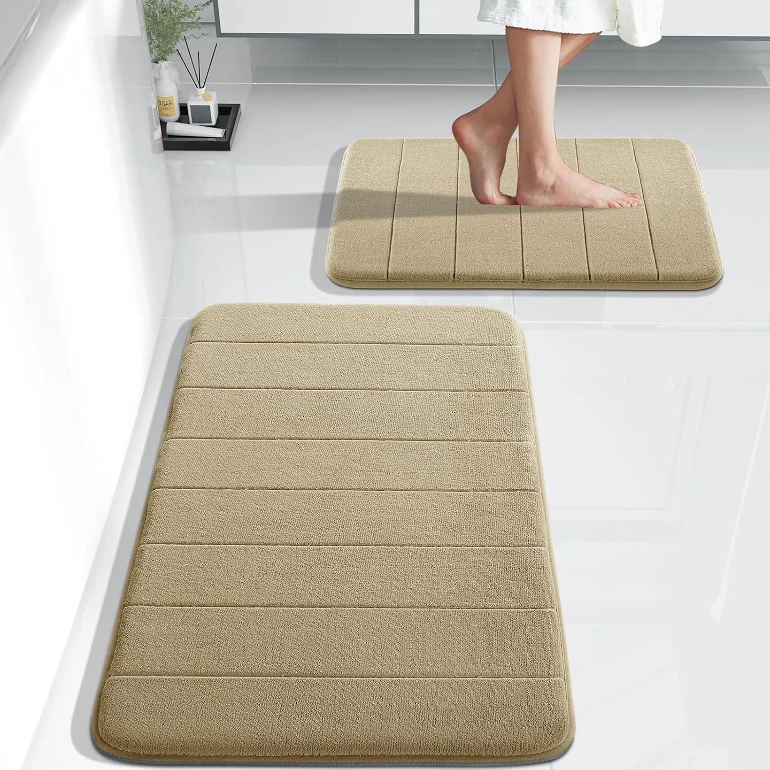 Yimobra Bathroom Rugs Sets 2 Piece, Soft Absorbent Memory Foam Bath Mats Set, Dry Fast Bath Mat, Machine Washable Bath Rug Set for Bathroom, 17x24 31.5x19.8 Inches, Pale Khaki