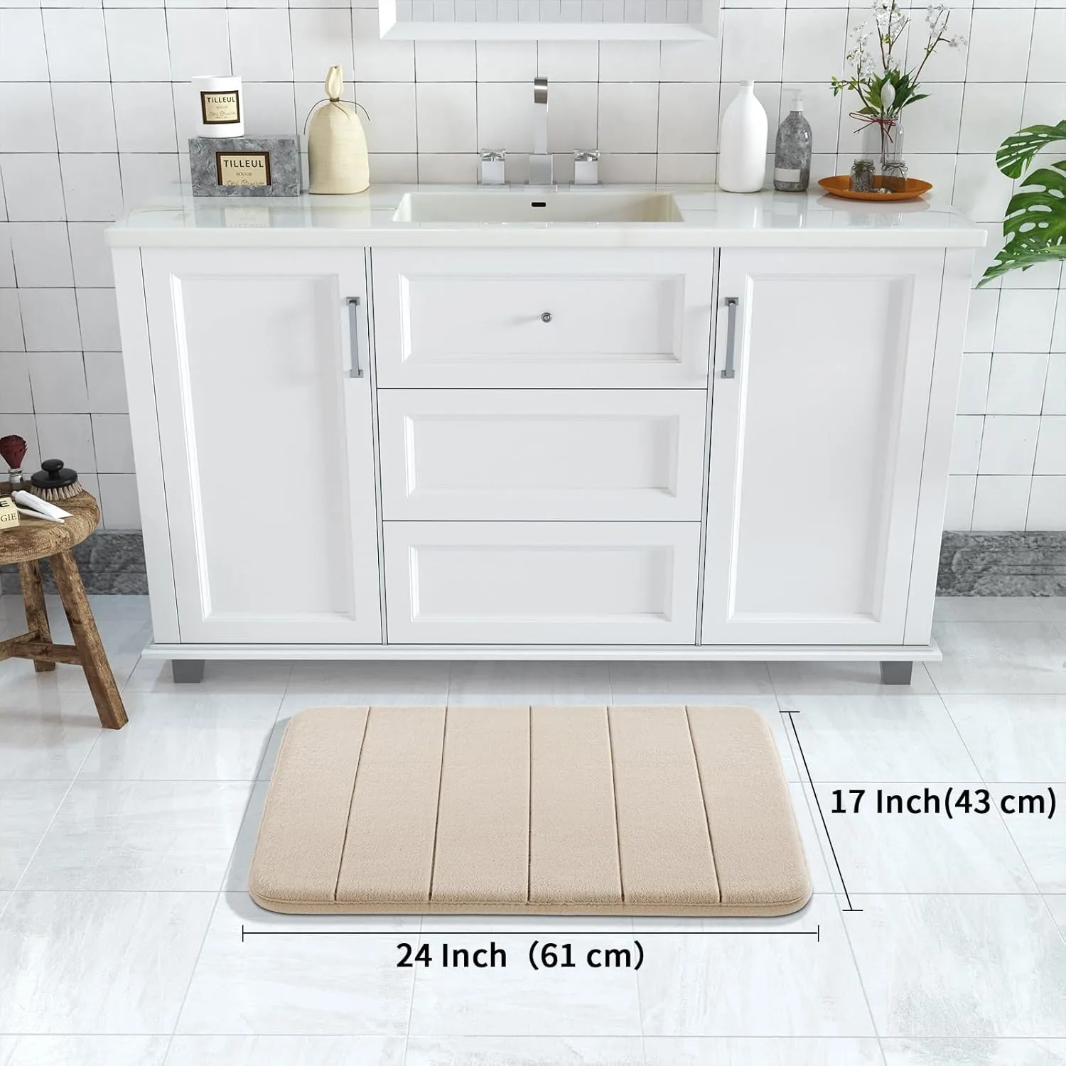 Yimobra Memory Foam Bath Mat Rug, 24 x 17 Inches, Comfortable, Soft, Non-Slip, Super Absorbent, Quick Drying Bathroom Rug for Floor, Tub & Shower, Machine Washable, Thick, Beige