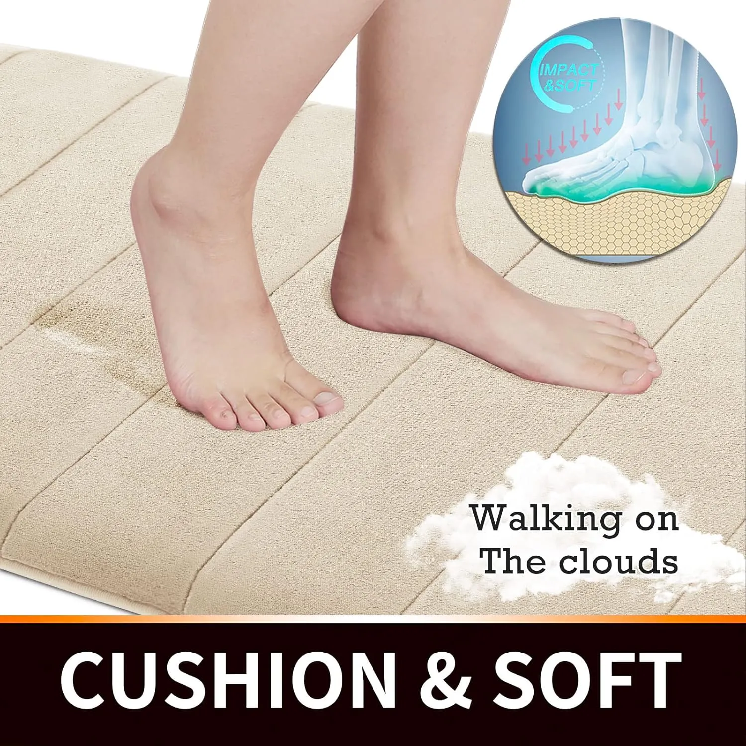 Yimobra Memory Foam Bath Mat Rug, 24 x 17 Inches, Comfortable, Soft, Non-Slip, Super Absorbent, Quick Drying Bathroom Rug for Floor, Tub & Shower, Machine Washable, Thick, Beige