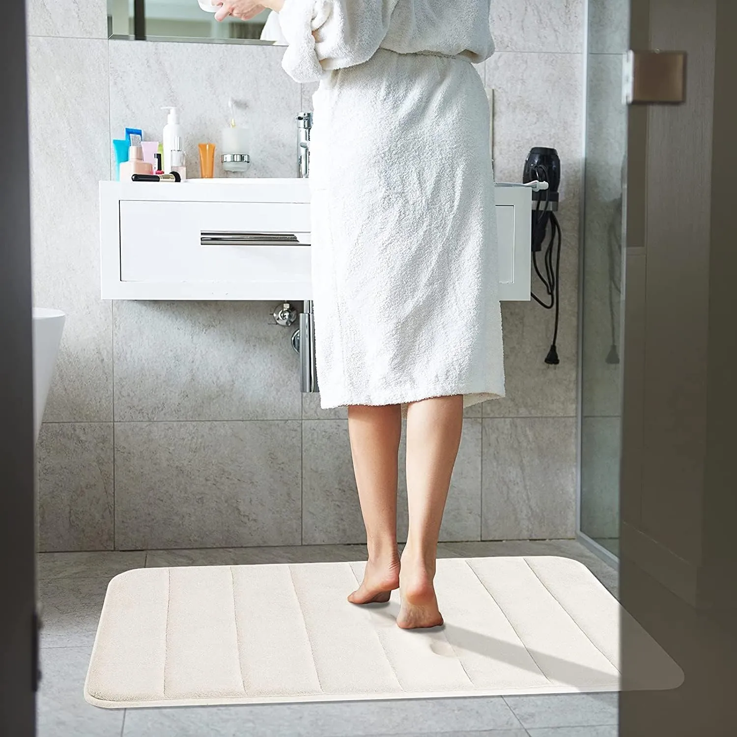 Yimobra Memory Foam Bath Mat Rug, 24 x 17 Inches, Comfortable, Soft, Non-Slip, Super Absorbent, Quick Drying Bathroom Rug for Floor, Tub & Shower, Machine Washable, Thick, Cream