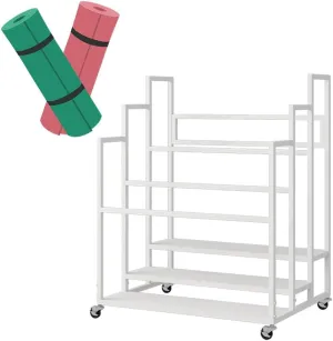 Yoga Mat Holder Basket, Large Yoga Mat Storage Cart with Wheels, Yoga Mat Rack Foam Rollers Organizer, Commercial Rack for Yoga Mat Foam Roller Storage for Gym/Yoga Studio Hold 30 Exercise Mats(White,
