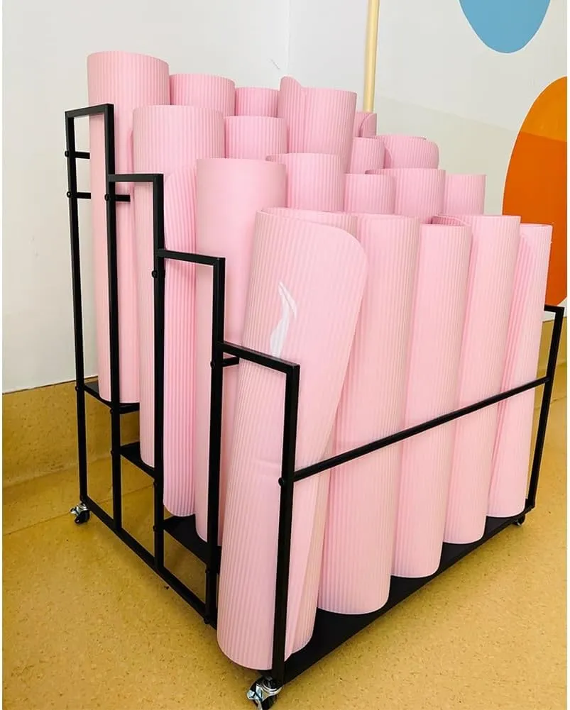 Yoga Mat Holder Basket, Large Yoga Mat Storage Cart with Wheels, Yoga Mat Rack Foam Rollers Organizer, Commercial Rack for Yoga Mat Foam Roller Storage for Gym/Yoga Studio Hold 30 Exercise Mats(White,