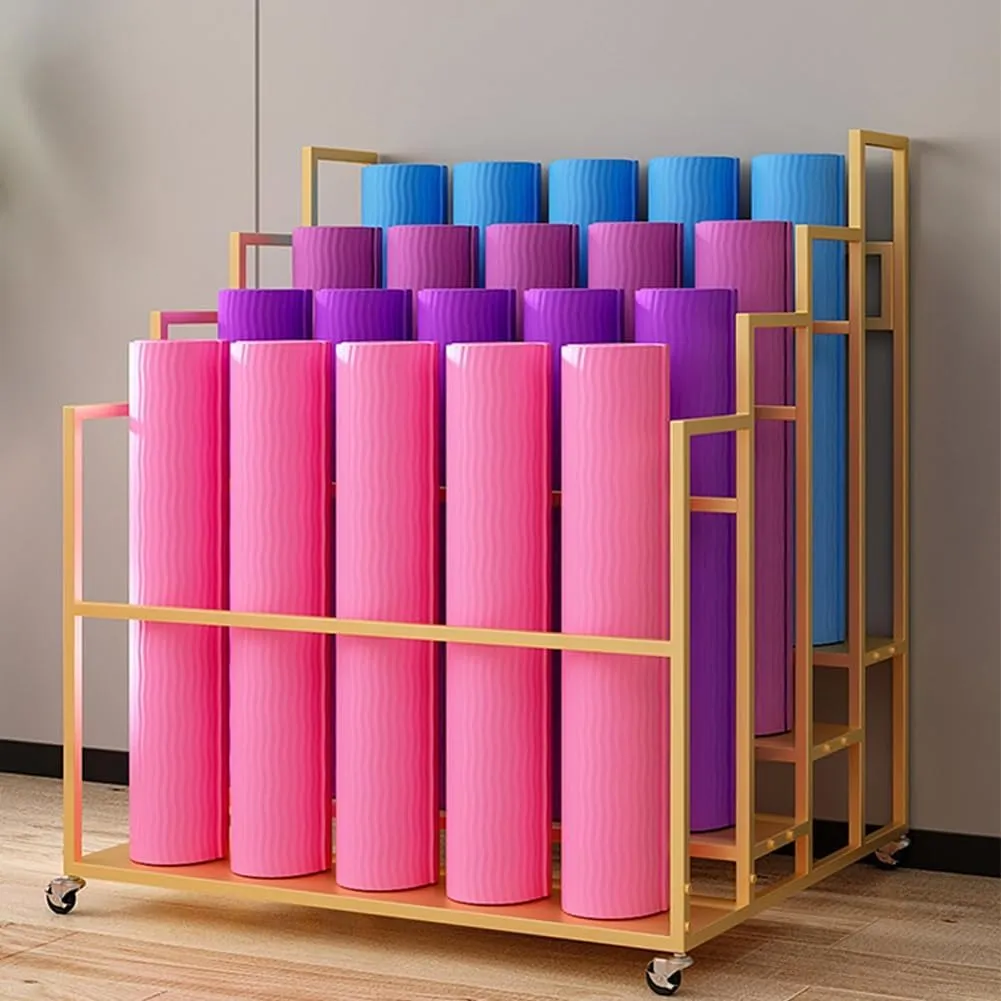 Yoga Mat Holder Basket, Large Yoga Mat Storage Cart with Wheels, Yoga Mat Rack Foam Rollers Organizer, Commercial Rack for Yoga Mat Foam Roller Storage for Gym/Yoga Studio Hold 30 Exercise Mats(White,