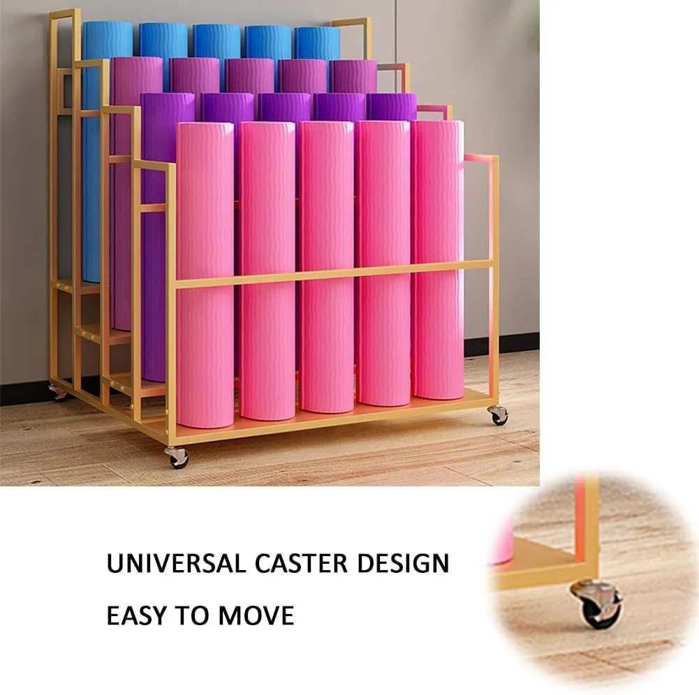 Yoga Mat Holder Basket, Large Yoga Mat Storage Cart with Wheels, Yoga Mat Rack Foam Rollers Organizer, Commercial Rack for Yoga Mat Foam Roller Storage for Gym/Yoga Studio Hold 30 Exercise Mats(White,