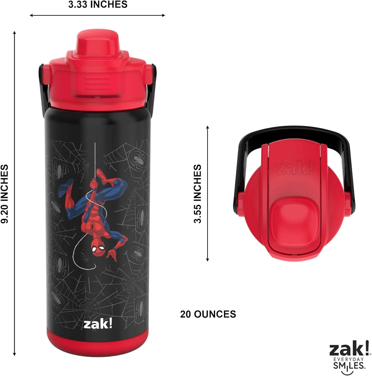 Zak Designs Beacon Insulated Bottle, Marvel Spider-Man - 20 oz - Durable Stainless Steel - Double-Wall Vacuum Insulation, Silicone Spout & Push-Button, Leak-Proof Lid - Dishwasher Safe