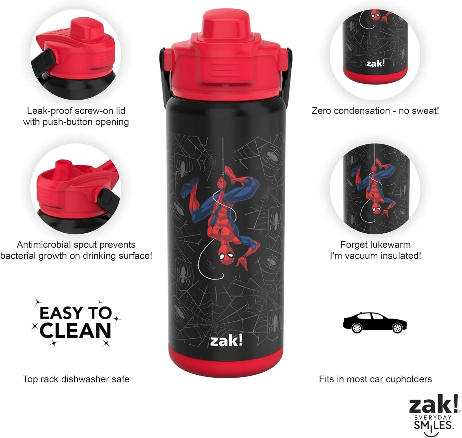 Zak Designs Beacon Insulated Bottle, Marvel Spider-Man - 20 oz - Durable Stainless Steel - Double-Wall Vacuum Insulation, Silicone Spout & Push-Button, Leak-Proof Lid - Dishwasher Safe