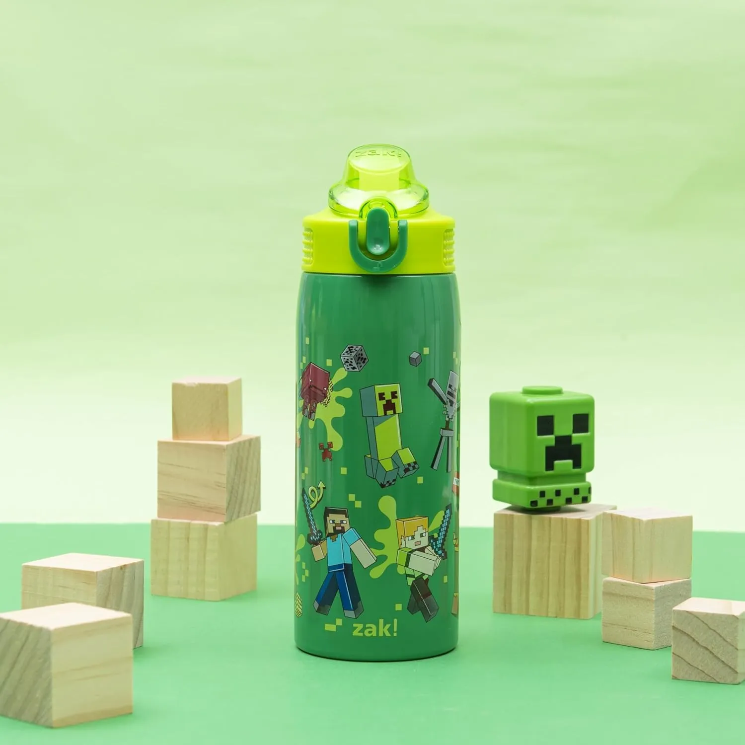 Zak Designs Minecraft Sage Kids Water Bottle For School or Travel, 19oz Stainless Steel Water Bottle With Straw, Handle, and Leak-Proof, Pop-Up Spout Cover (Steve, Alex, Mobs)