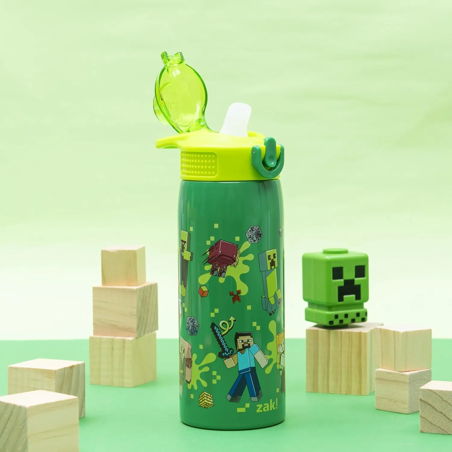 Zak Designs Minecraft Sage Kids Water Bottle For School or Travel, 19oz Stainless Steel Water Bottle With Straw, Handle, and Leak-Proof, Pop-Up Spout Cover (Steve, Alex, Mobs)