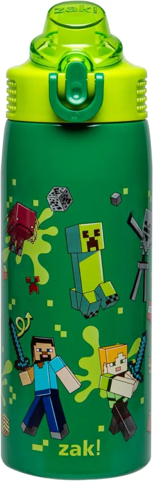 Zak Designs Minecraft Sage Kids Water Bottle For School or Travel, 19oz Stainless Steel Water Bottle With Straw, Handle, and Leak-Proof, Pop-Up Spout Cover (Steve, Alex, Mobs)