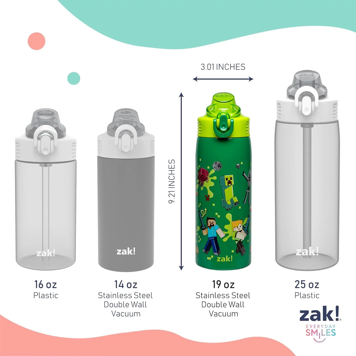 Zak Designs Minecraft Sage Kids Water Bottle For School or Travel, 19oz Stainless Steel Water Bottle With Straw, Handle, and Leak-Proof, Pop-Up Spout Cover (Steve, Alex, Mobs)