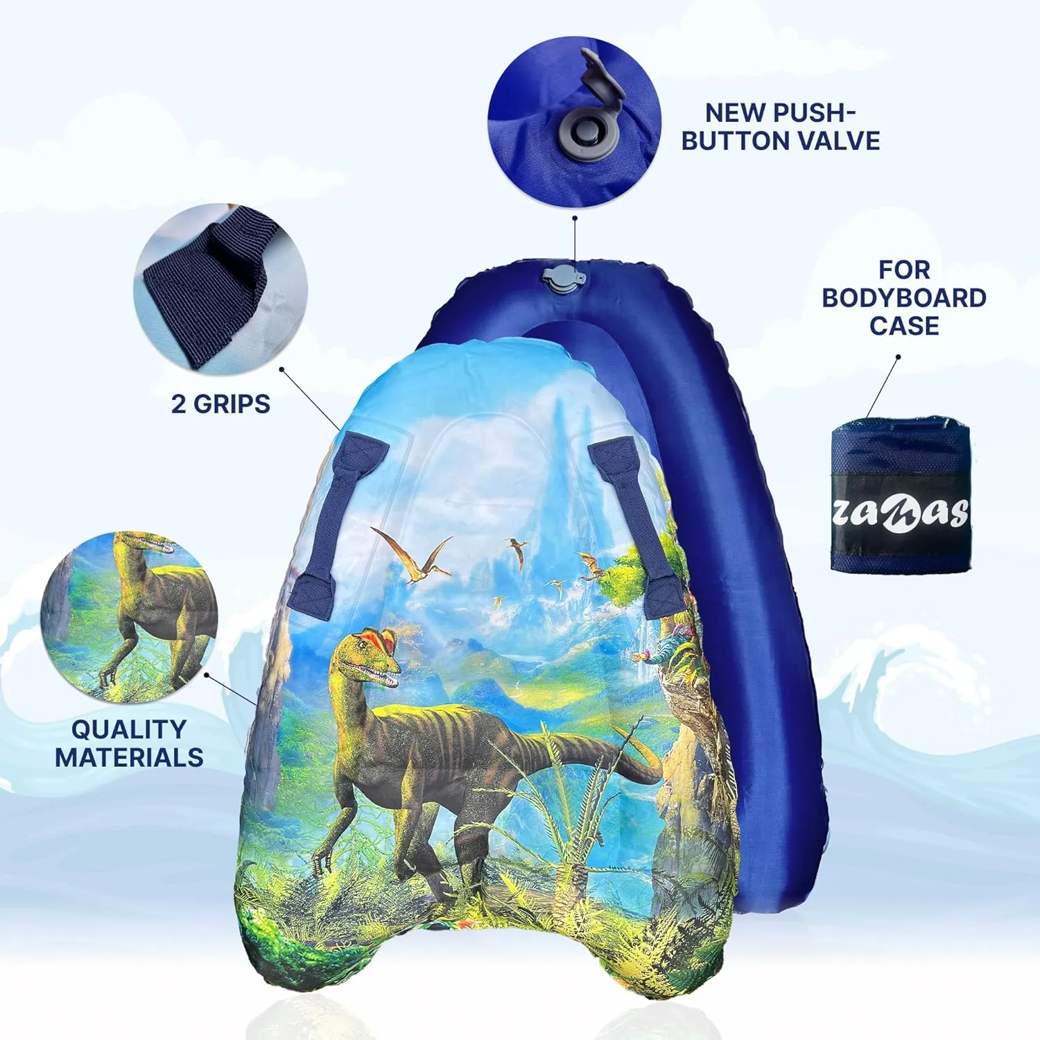 ZAMAS Kids Inflatable Surf Body Board with Handles and New Push-Button Valve, Lightweight Swimming Floating Surfboard Aid Mat Learn to Swim, Beach Safety Theme Surfing with Bonus Case for Board
