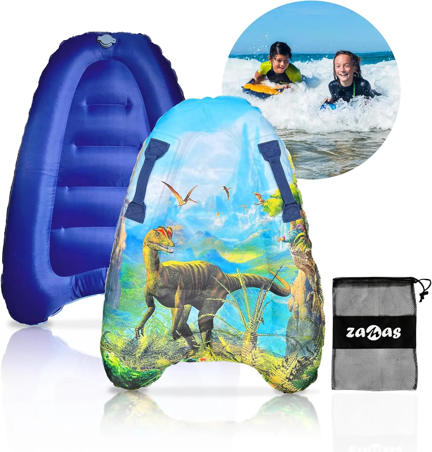 ZAMAS Kids Inflatable Surf Body Board with Handles and New Push-Button Valve, Lightweight Swimming Floating Surfboard Aid Mat Learn to Swim, Beach Safety Theme Surfing with Bonus Case for Board