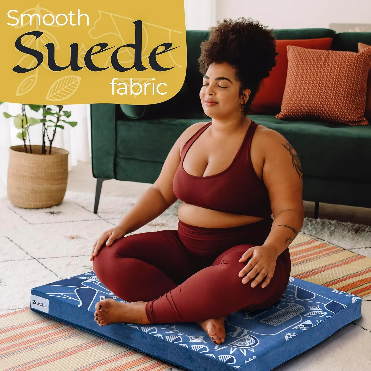 Zaveur Royal Court Meditation Mat With Velvet Cover - 24" x 24" Square Zabuton Thick Yoga Mat - Non Slip Exercise Mat for Home Workout - Thick Foam Exercise Floor Mat for Zafu or Bench